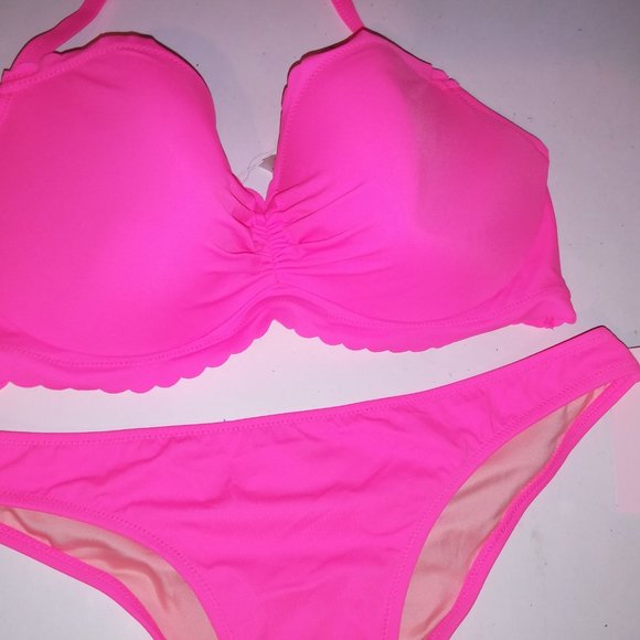 Victoria Secret Swim Bikini 36D Top Medium Bottom Solid Neon Pink Ruffle Trim - Picture 7 of 12